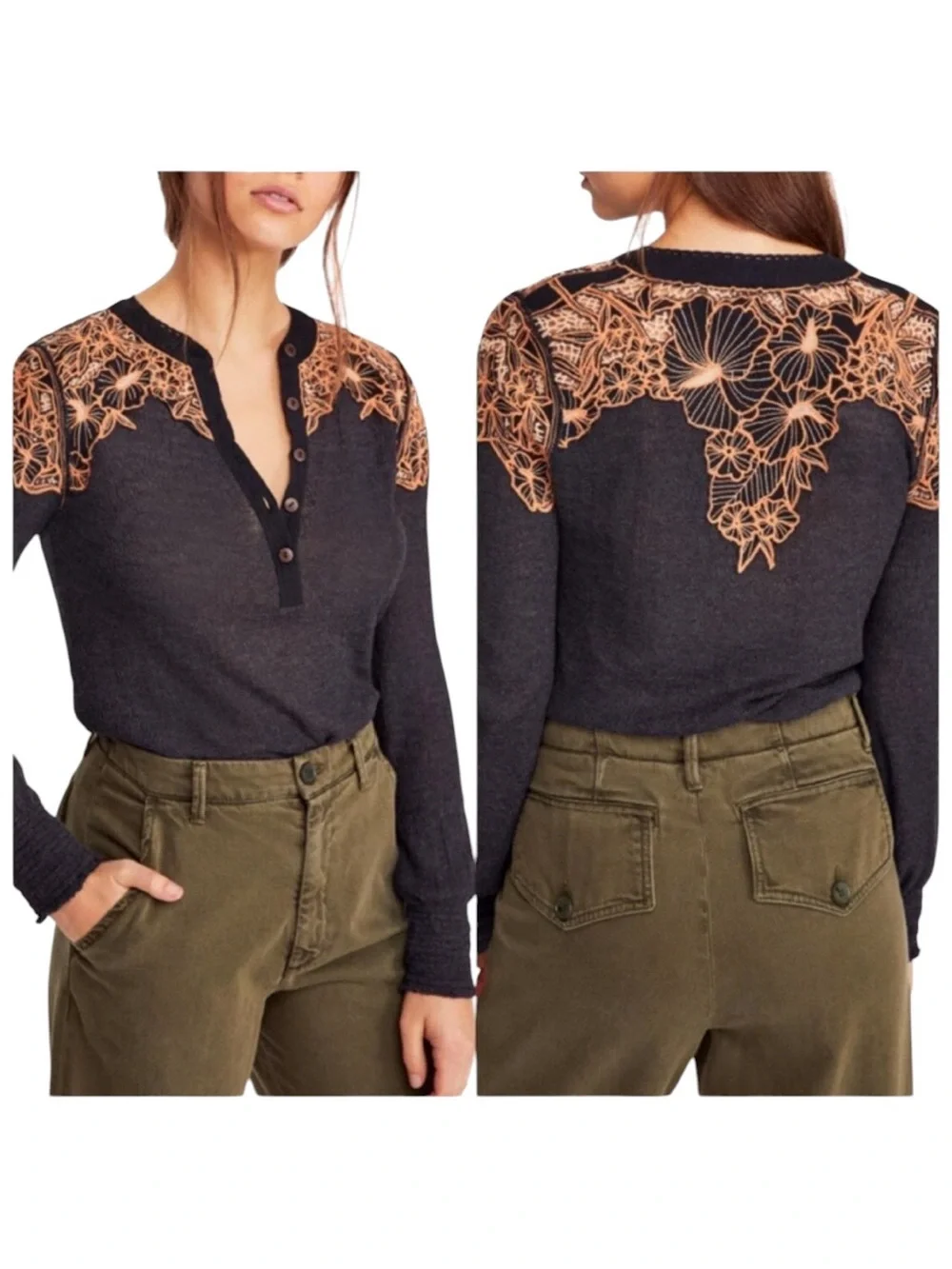 Free People Easy Breezy Black Embroidered Eyelet Henley Top - M